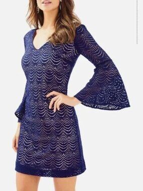 LILLY PULITZER NICOLINE Navy Blue Bell Sleeve Scalloped Lace Dress size L